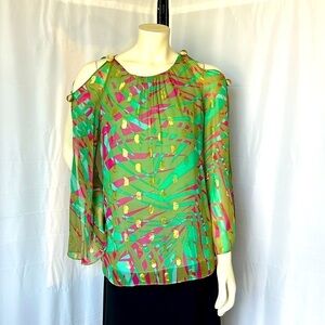Milly New York silk, green/pink gold metallic spring /summer blouse